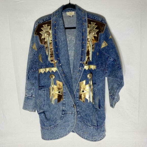 Vintage 90s Marshall Rousso Acid Wash Denim Jacket W Gold Western Accents S - Picture 1 of 16